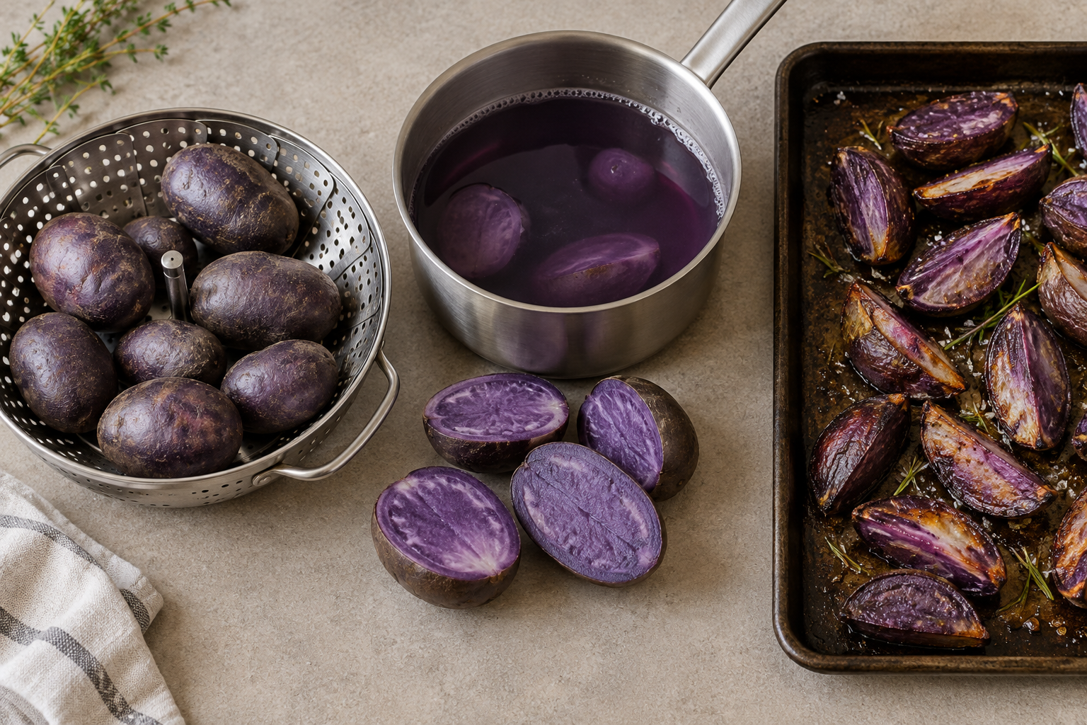 Dämpfen, Kochen und Rösten von violetten Kartoffeln im Vergleich