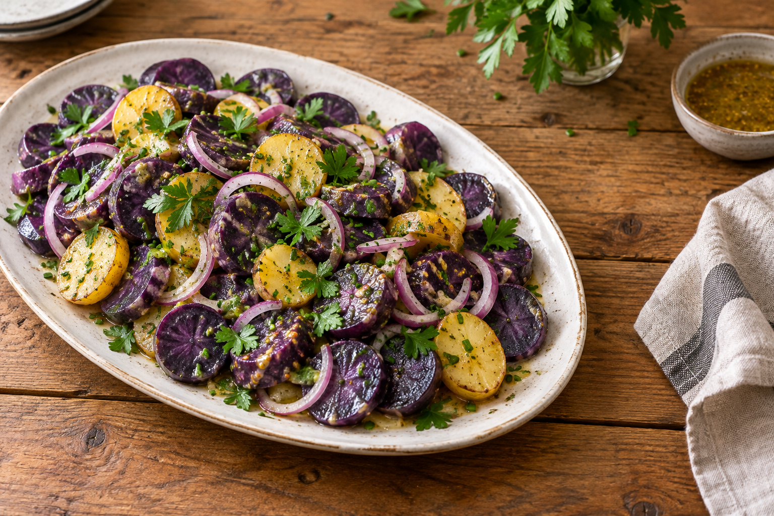 Kartoffelsalat aus violetten und gelben Kartoffeln mit Kräutern und roten Zwiebeln